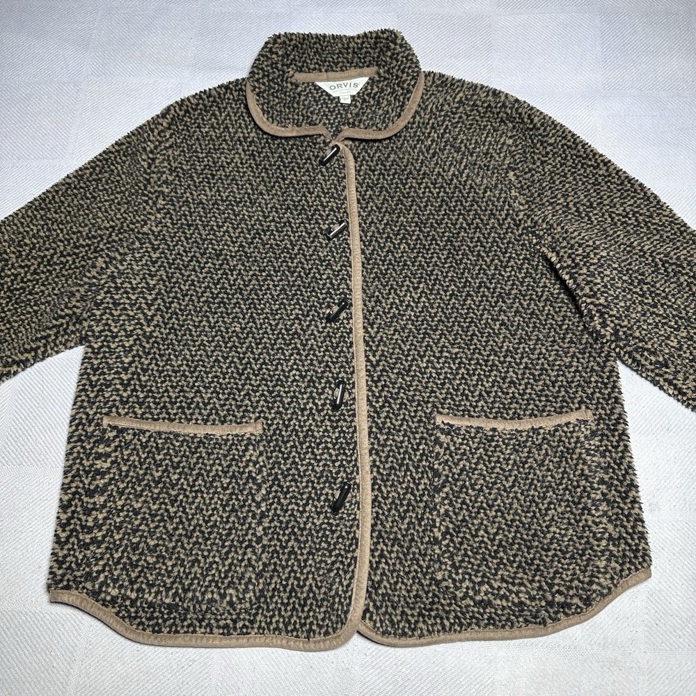 Orvis Deep Pile Toggle Cardigan Womens Large Teddy Textured Chevron Pattern - Picture 2 of 11